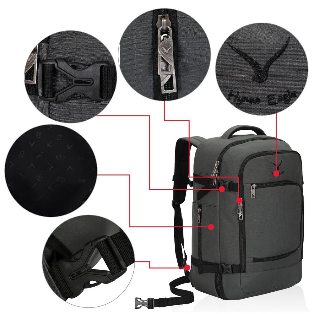 Hynes Eagle Travel Backpack 40L Flight Approved Carry on Backpack - Grey - Picture 6 of 7